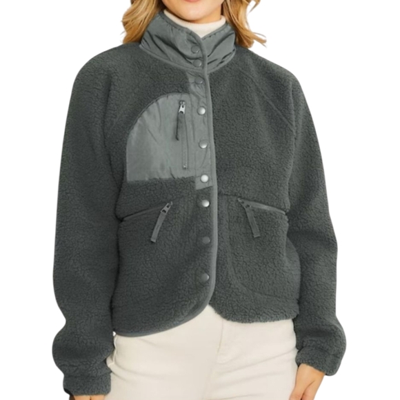 Love Tree Charcoal Gray Cozy Teddy Fleece Zip Pockets Snap Up Jacket NWT Sz S - Picture 8 of 9